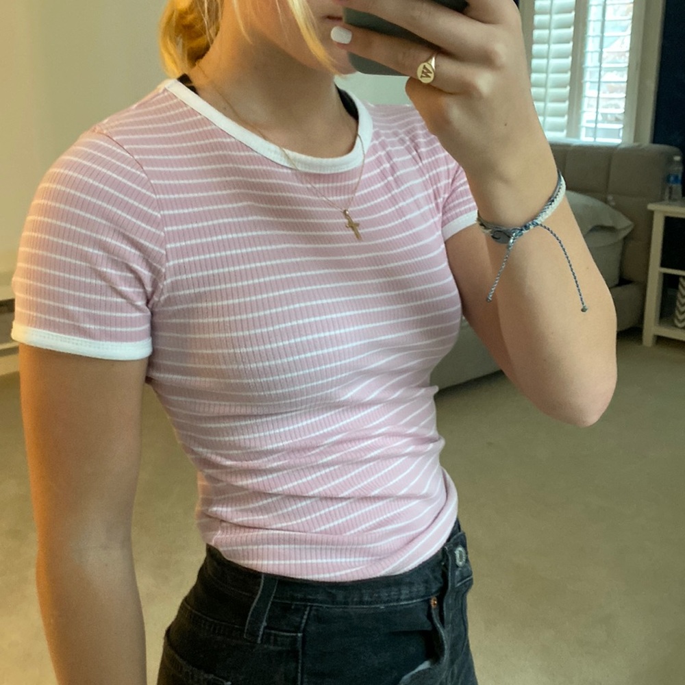 Forever 21 cropped pink and white striped shirt